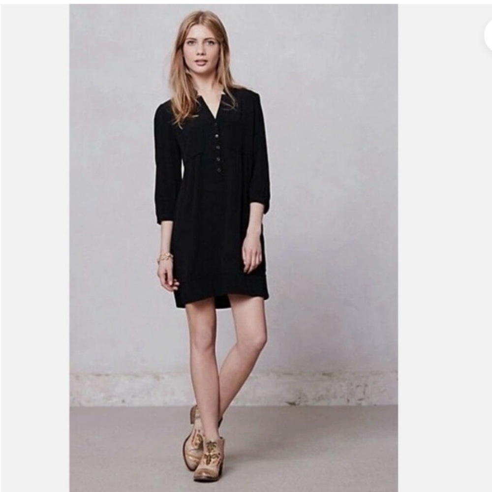 Anthropologie Maeve Taryn Black Crepe Shift Dress Henley 3/4 Sleeve - Sz 14